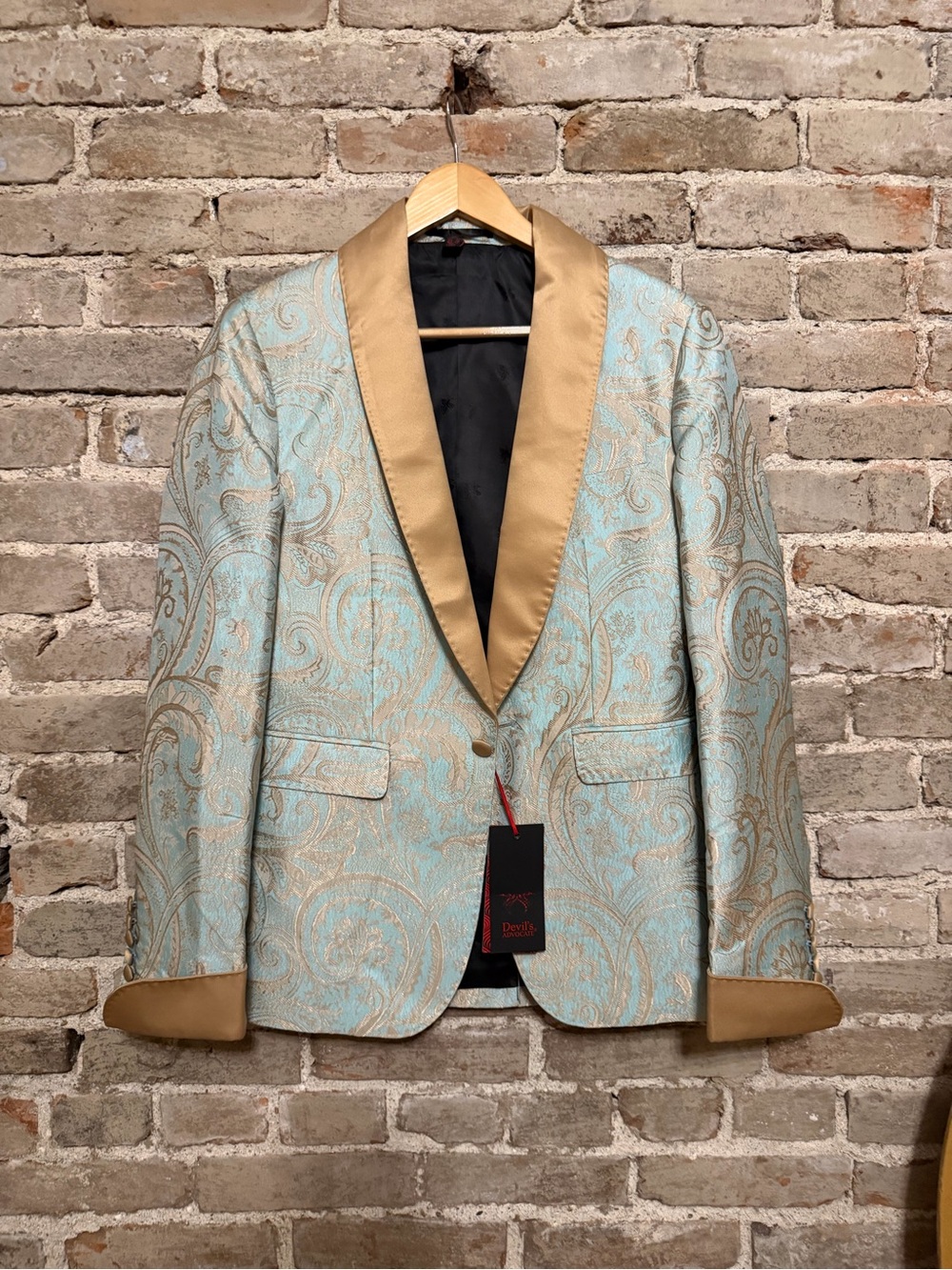 Light Blue Paisley Blazer with Gold Satin Shawl Collar NWT
